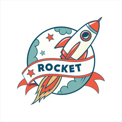 Rocket Launch Logo Design with Fire Flame and Banner