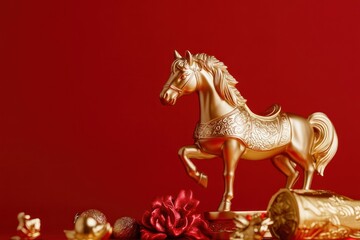 Golden Horse Figurine on Red Background: Chinese New Year Decoration