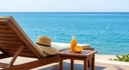 Tranquil outdoor setup with wooden sunloungers and a table with oranges and juice by the sea.