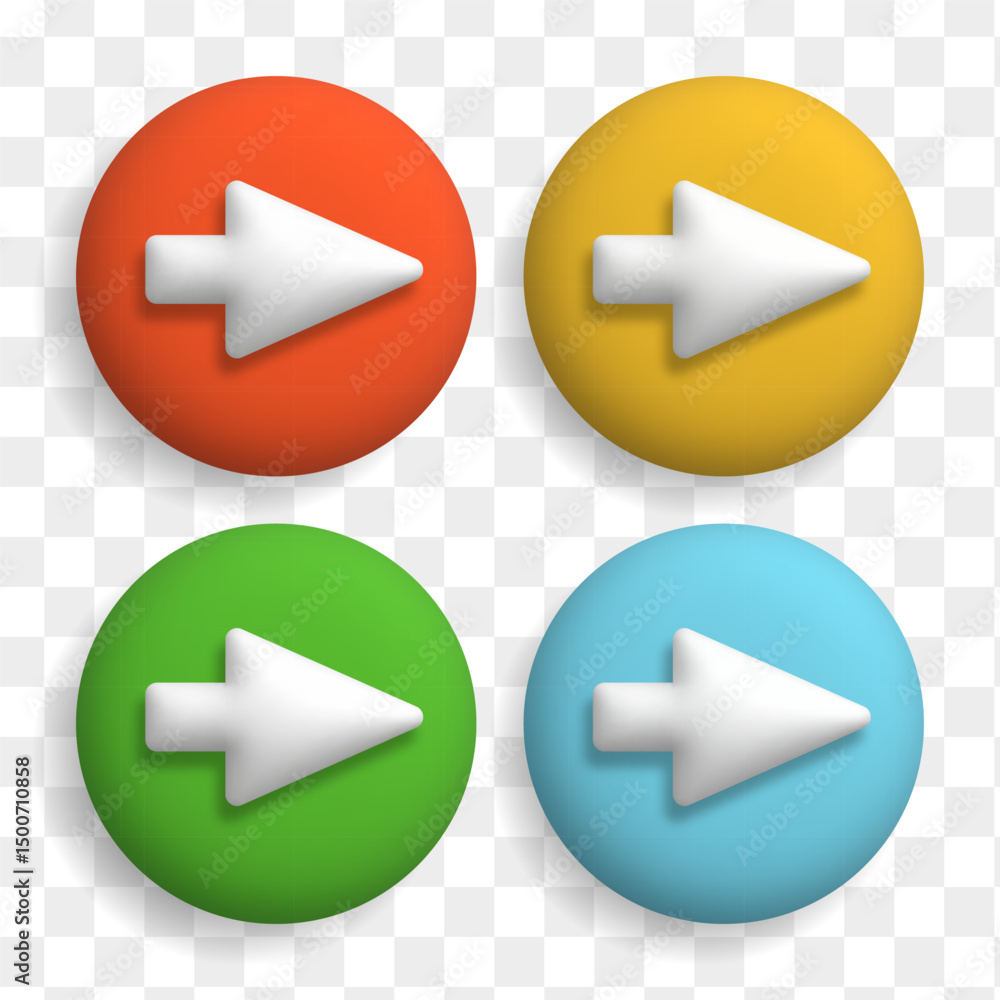 Poster 3d web button set with white arrow. realistic badge design in plastic style