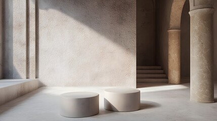 Two round, light beige pedestals in a minimalist, architectural interior.