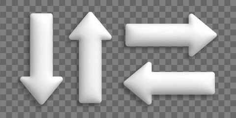 Trendy 3d white arrows set. Up, down, left and right pointing arrow icon collection