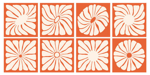 Funky groovy sun or flower elements set. Doodle retro hippie style sunshine