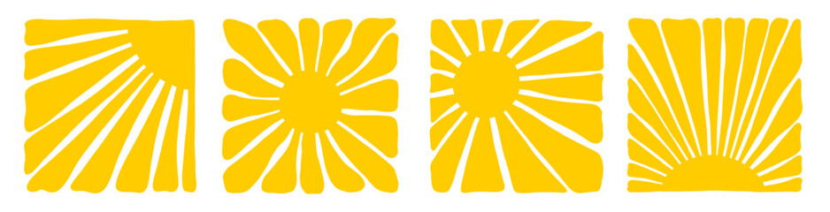 Trendy groovy sun collection. Yellow hot ray pattern set. Retro summer background