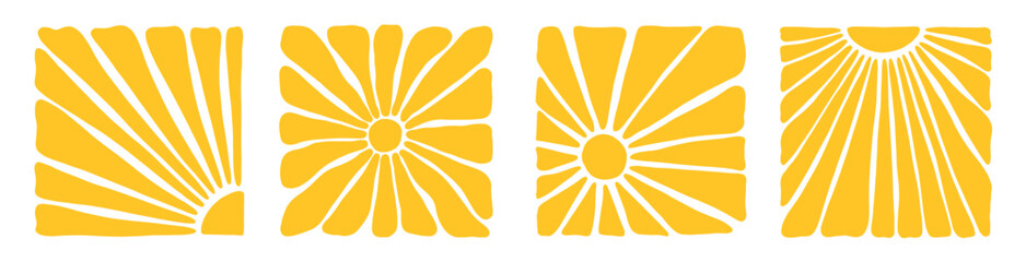 Trendy groovy sun collection. Yellow hot ray pattern set. Retro summer background