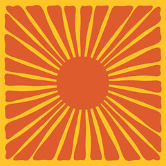 Retro groovy sun background. Doodle retro hippie style sunburst