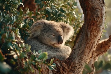 Obraz premium Koala peacefully resting in the fork of a eucalyptus tree during warm midday hours