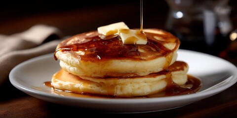 Stack of pancakes topped with butter and syrup