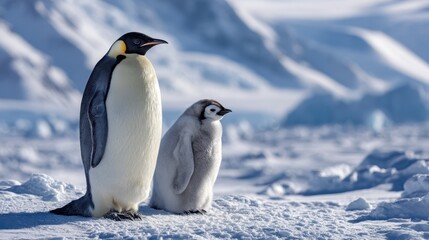Emperor penguin father and chick nestled against the icy beauty of Antarctica's stillness
