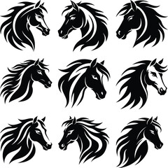 Nine stylized horse head portraits showcase black silhouette with flowing mane and detailed facial features