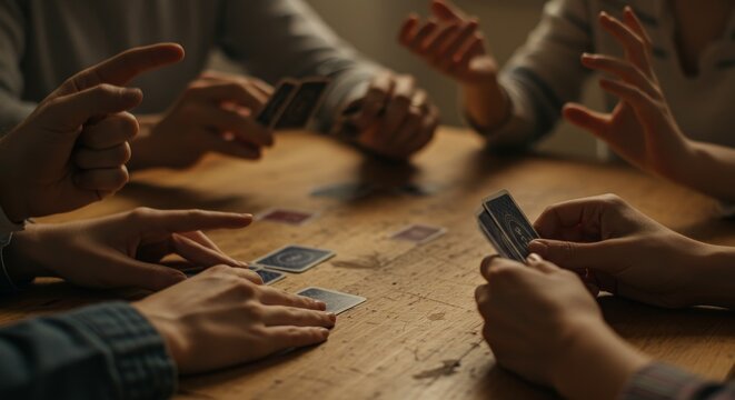 People Playing Cards Around Wooden Table Indoors Photo - Powered by Adobe