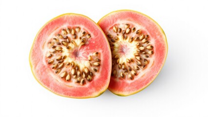 Two guava halves showing pink flesh and seeds isolated on a white background in a close up view
