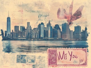 Miss you!" retro postcard design, faded travel stamps, distant cityscape, nostalgic tone, soft grain texture