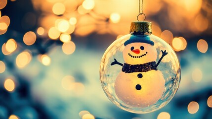 Illuminated snowman ornament, winter bokeh, festive background, holiday card