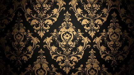 Intricate gold floral damask pattern on a dark black background exuding luxury and elegance in classic design