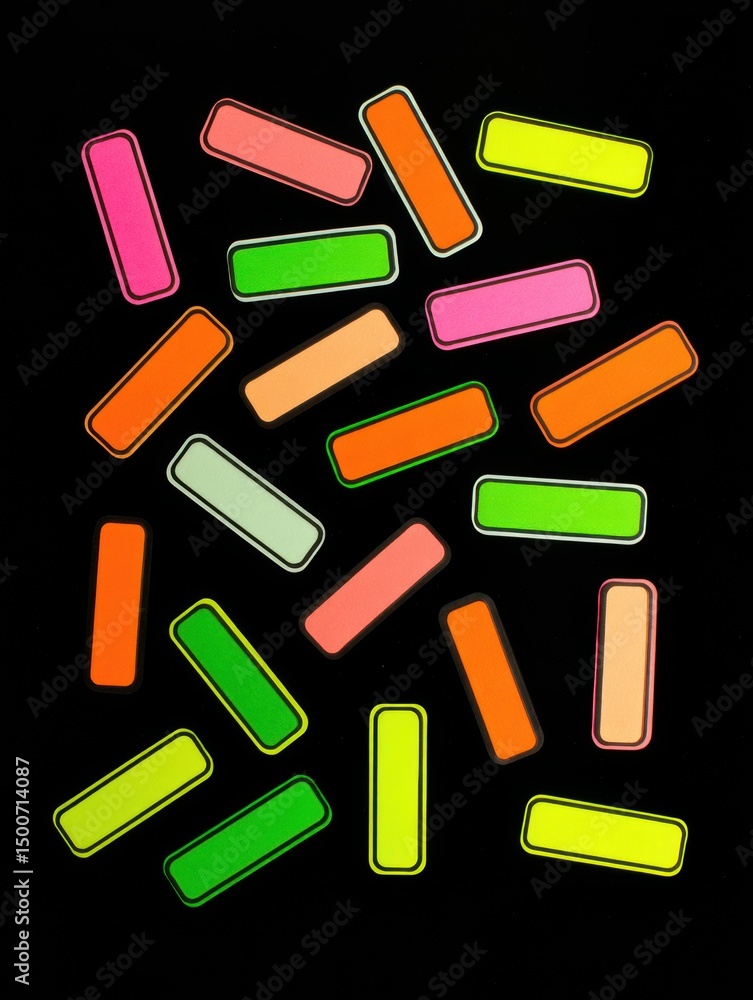 Aufkleber Colorful Bold Neon Stickers Floating Against a Black Background Create a Lively Visual Display