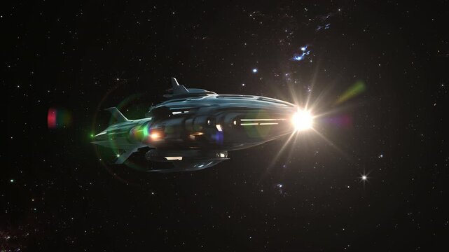 Large Spaceship flying and exploring the infinite universe. Futuristic Spaceship flying through the space.