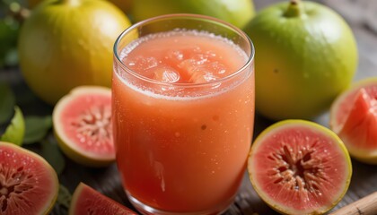 A glass of guava juice surrounded by whole and sliced guavas on a wooden surface in soft lighting