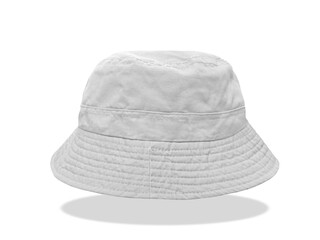 White bucket hat floating on white background.