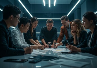 Photo Business Team in a Dark Office with Papers and Blue Light Collaboration