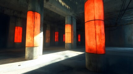 Illuminated concrete pillars in a subterranean space.