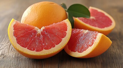 Halved Grapefruit Wooden Table Red Flesh Rough Pink Sweet Pulp Leaves Natural Light Macro Texture Close-up High Definition Photorealistic