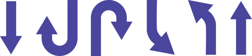 U turn arrow symbol icon set. Direction Icon Set. Go Straight This Way One Way Only U Turn Left and Right Blue Arrow Set vector Illustration.