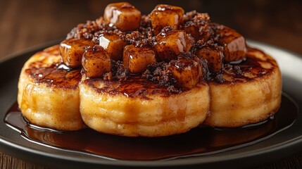 Sweet Stack Stacked cakes topped with caramelized fruit and drizzle on black plate