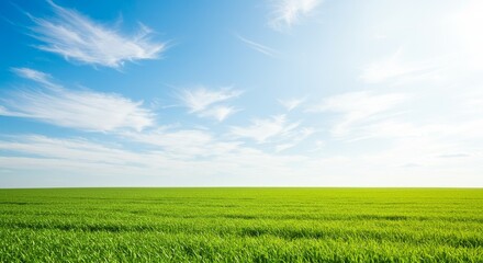 Obraz premium Photo Bright Blue Sky Over Green Field Landscape Sunshine Nature