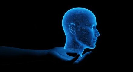 Obraz premium Blue Human Head in Hand - A glowing blue human head rests gently in an outstretched hand, symbolizing AI, technology, creation, knowledge, and potential
