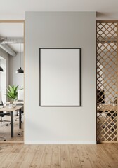 Photo Empty Frame In Office Interior With Wood And Minimalist Design