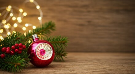 Photo Festive Christmas Decoration With Red Ornament and Green Pine Branches Background