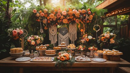 Boho chic garden party card with macram decor dreamcatchers and flower crowns inviting guests to celebrate in style