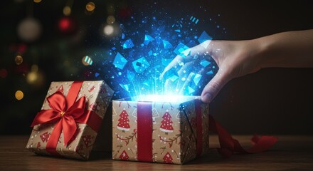 Photo Gift Box Opening Revealing Magic Sparks Christmas Holiday Celebration