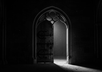 Photo Gothic Doorway Illuminating Entrance with Dust Particles and Shadowy Interior