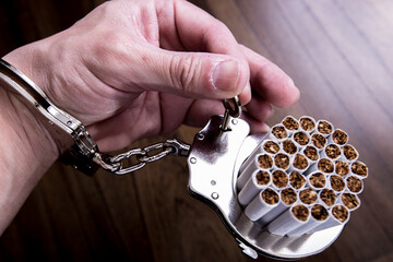 Cigarettes attached to a handcuff and hand, as in attached to your self and cant quit