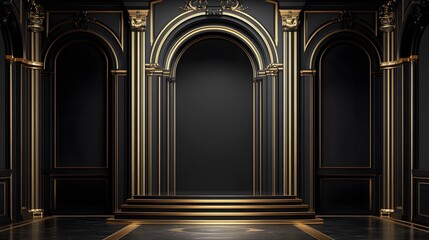 Empty black and gold room with arched doorways.