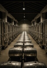 Photo Interior of Wine Barrels Storage Room in Industrial Winery Facility