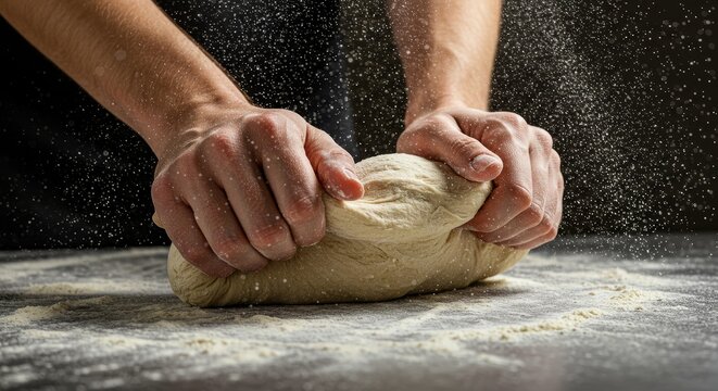 Photo Kneading Dough With Hands And Flour Dust Against Black Background