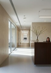 Photo Long Office Hallway Interior Design With Reception Desk And Staff