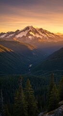 Photo Majestic Mountain Range at Sunset Golden Light and Green Forest