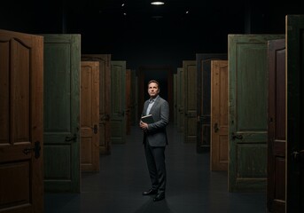 Photo Man in Formal Wear Stands Among Antique Doors in Dark Hallway