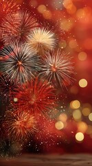 Vibrant Fireworks Display Against a Deep Red Background
