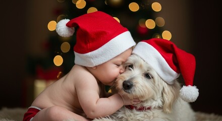 Photo of a Baby and Dog Wearing Santa Hats Displaying Love During Christmas