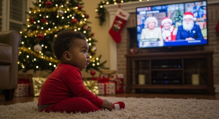 Photo Of A Baby Boy In Red Pajamas Watching TV Near Christmas Tree