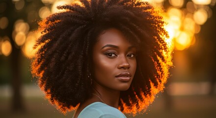 Photo of a Beautiful Woman with Afro Hair Glowing in Warm Sunlight