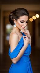 Photo of a Beautiful Young Woman in a Royal Blue Evening Dress and Jewelry