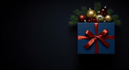 Photo of a Black Gift Box with Red Ribbon and Gold Ornaments on Black Background