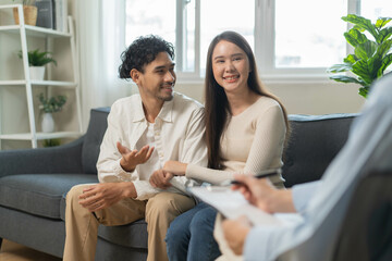 Spouses relationship consultant concept, Married couple listen to psychologist  during therapy talk...