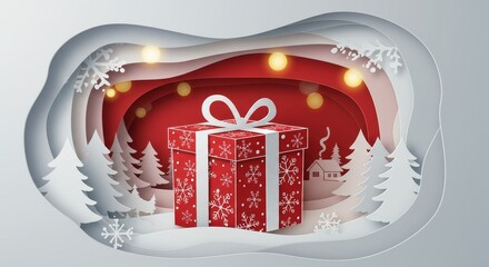 Paper Cut Christmas Scene With Red Gift Box And Festive Decorations Illustration